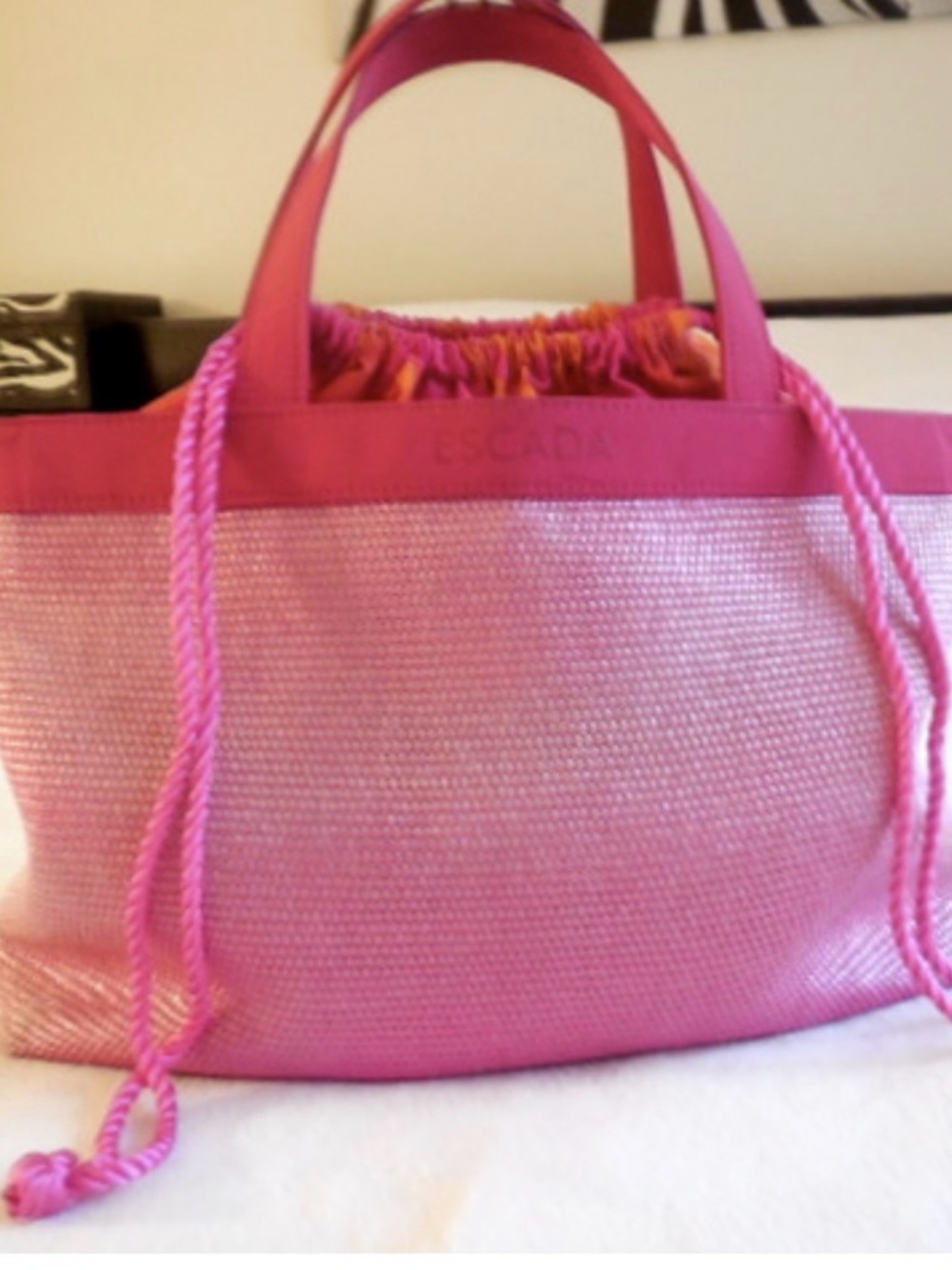 Escada Bright Pink Woven Tote with Rope Drawstrings